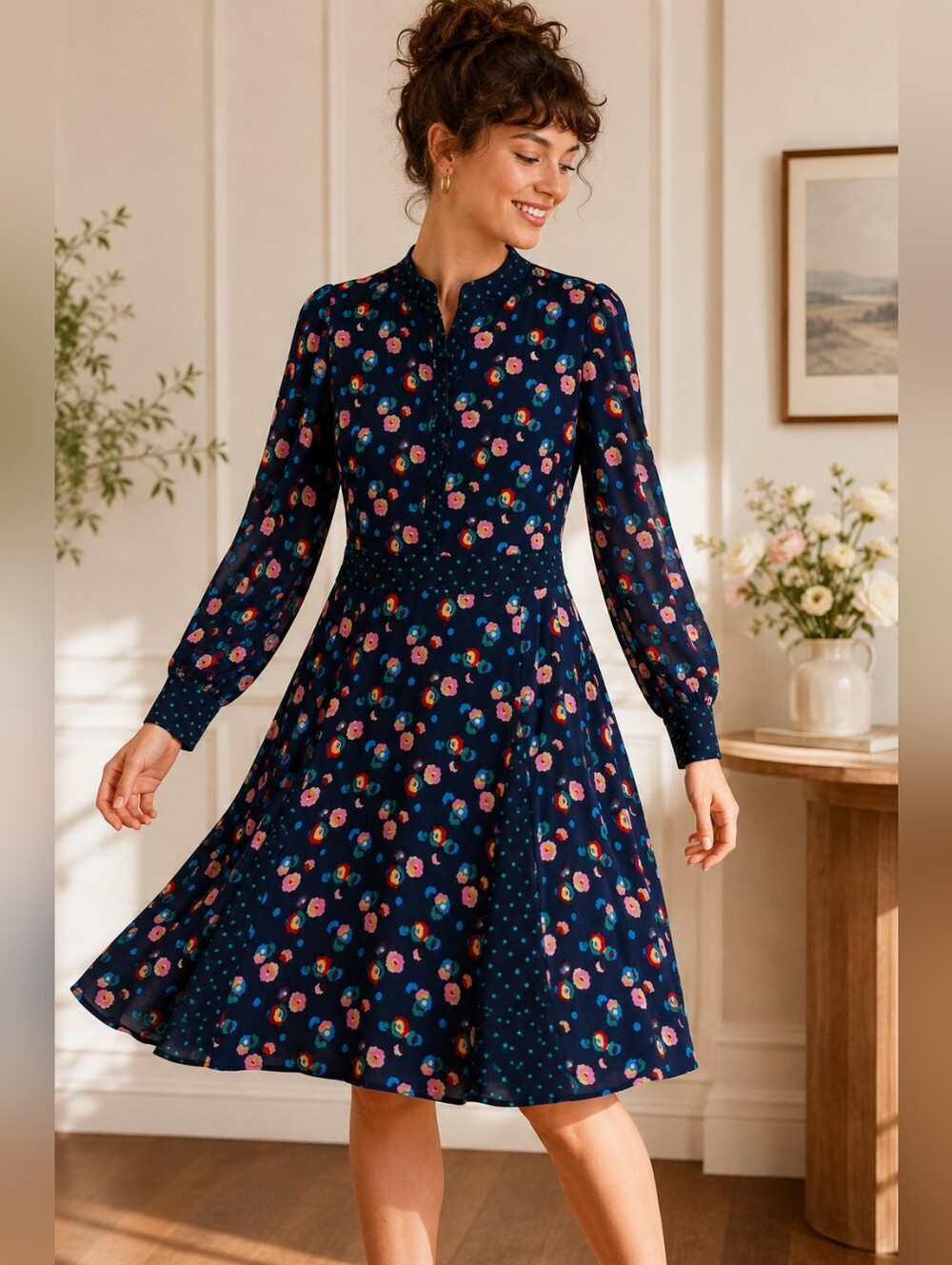 Boden Christina Dress Navy Floral Polka Dot Button Front Long Sleeve Fit Flare 8